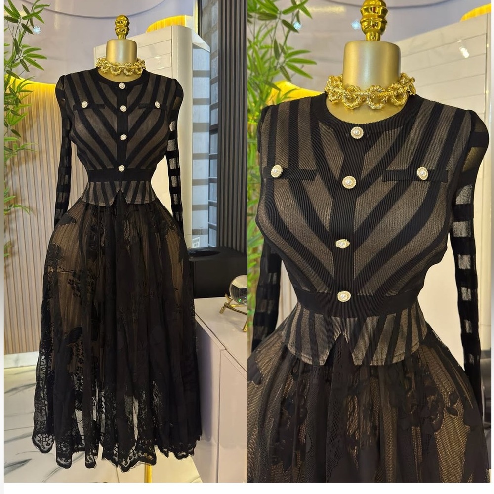 Black Long-Sleeve Sheer Lace Fit & Flare Dress